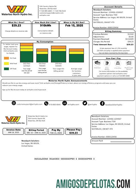 realista Modelo de conta de serviços públicos de negócios de Waterloo North Hydro dos EUA Nevada em formatos Word e PDF